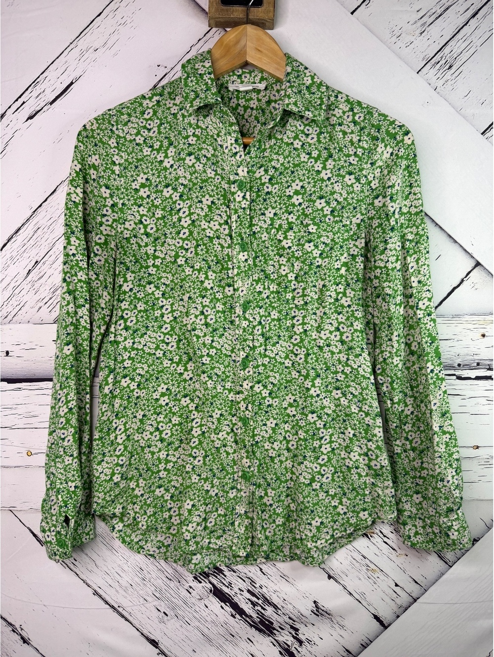 Beach Lunch Lounge Boho Cottagecore Green Ditsy Floral Button Down Top Women XS